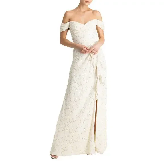 ML MONIQUE LHUILLIER Women's Off-the-Shoulder Metallic Chiffon Gown Beige 4 NWT